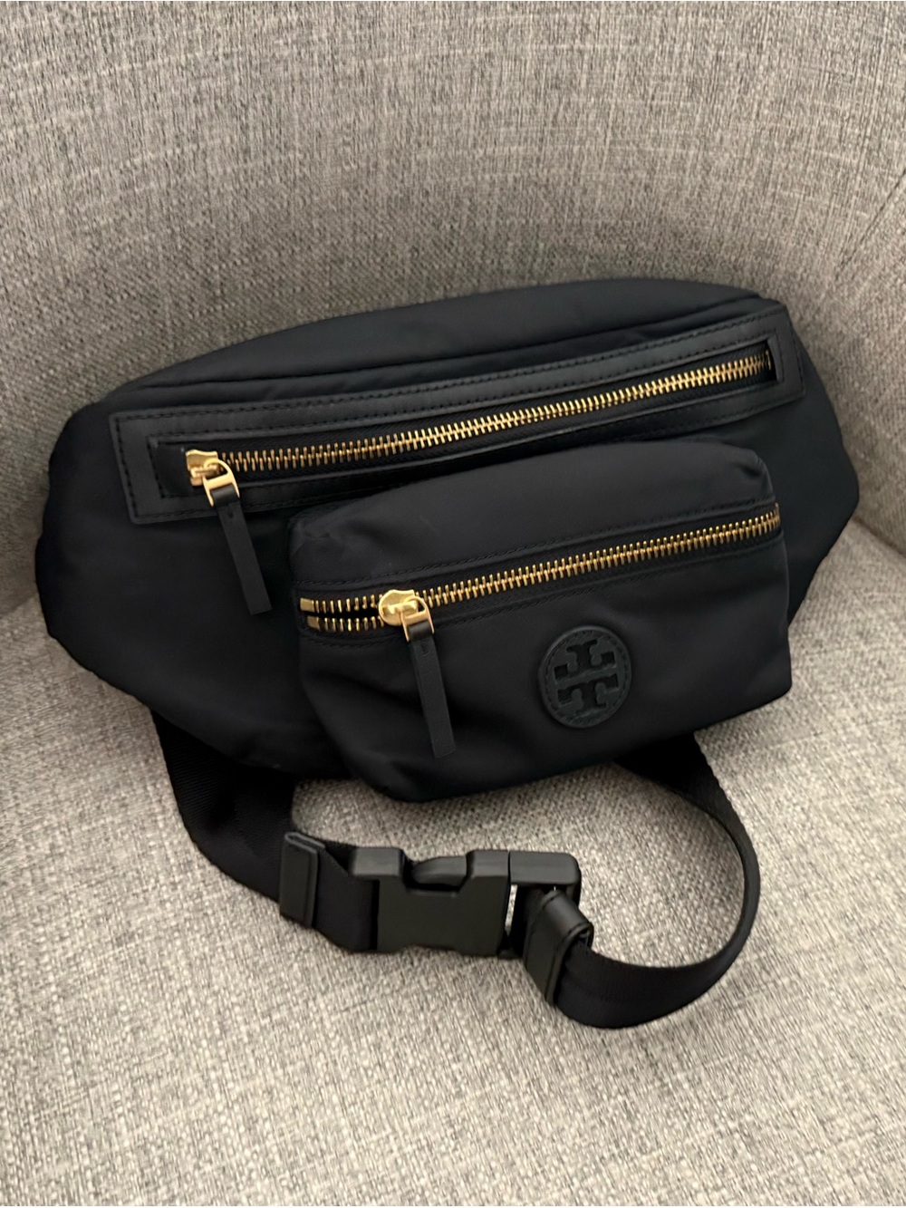 Tory Burch Black Nylon Belt Bag with Gold Hardware